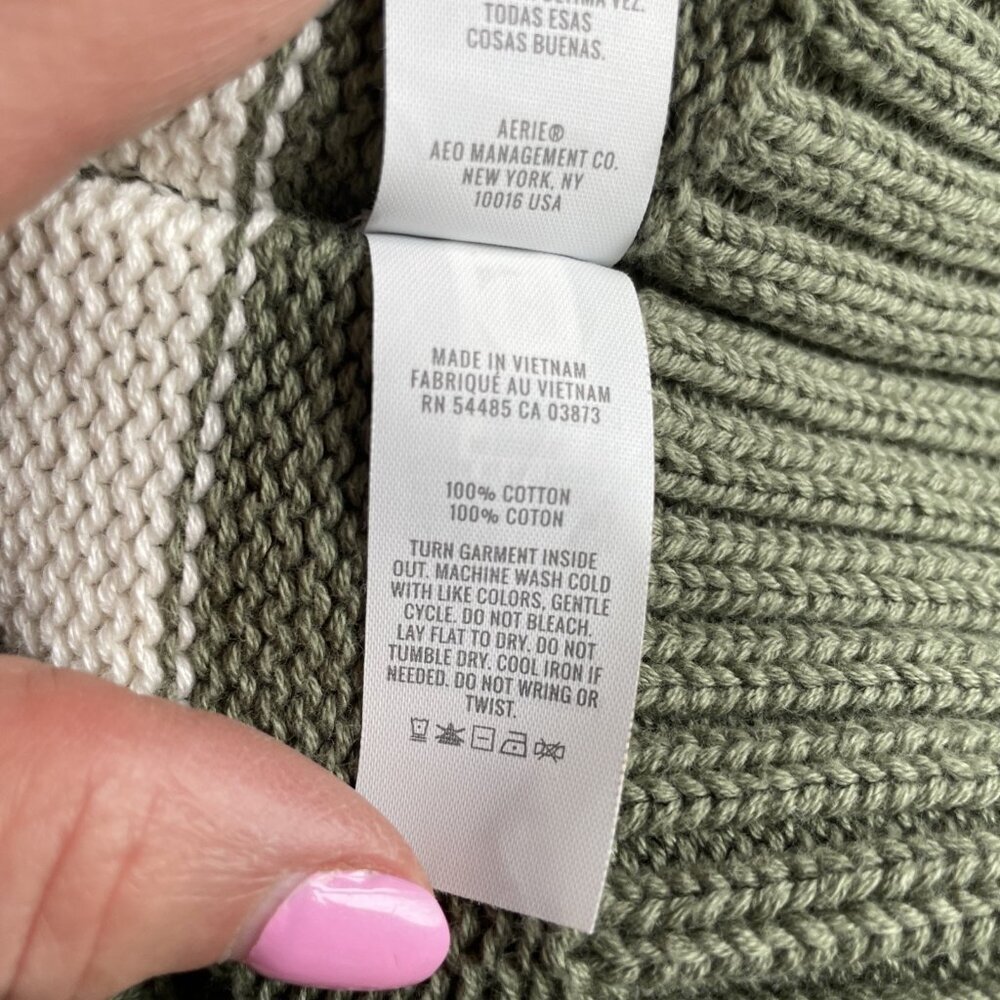 Aerie Bistro Roll Neck Relaxed Sweater Women's L Olive Green Striped Cotton NWOT - Picture 9 of 16